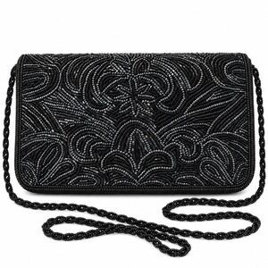 Vintage Lisa Loren Black Hand Beaded Evening Bag Purse Hong Kong Floral Clutch